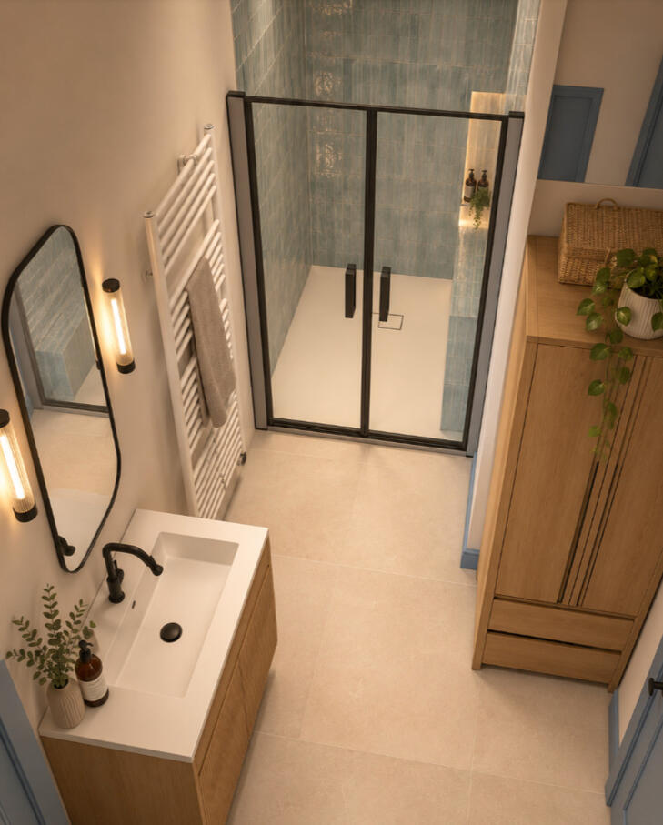 Douche à l'italienne avec paroi vitrée noire et meuble vasque bois vue de dessus, salle de bain Atelier Luzons