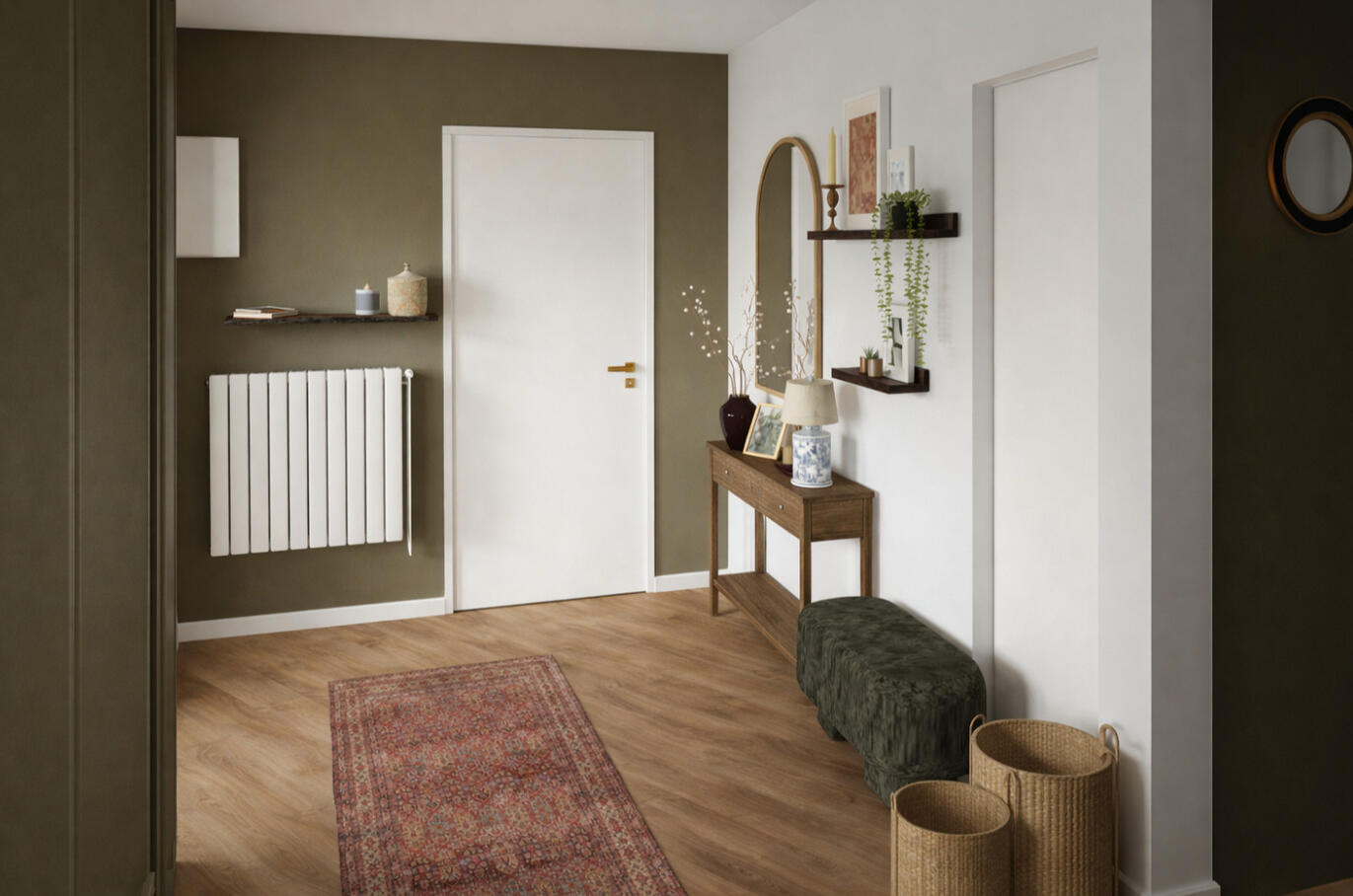 Entrée d'appartement avec mur vert olive, console en bois et tapis kilim, décoration Atelier Luzons