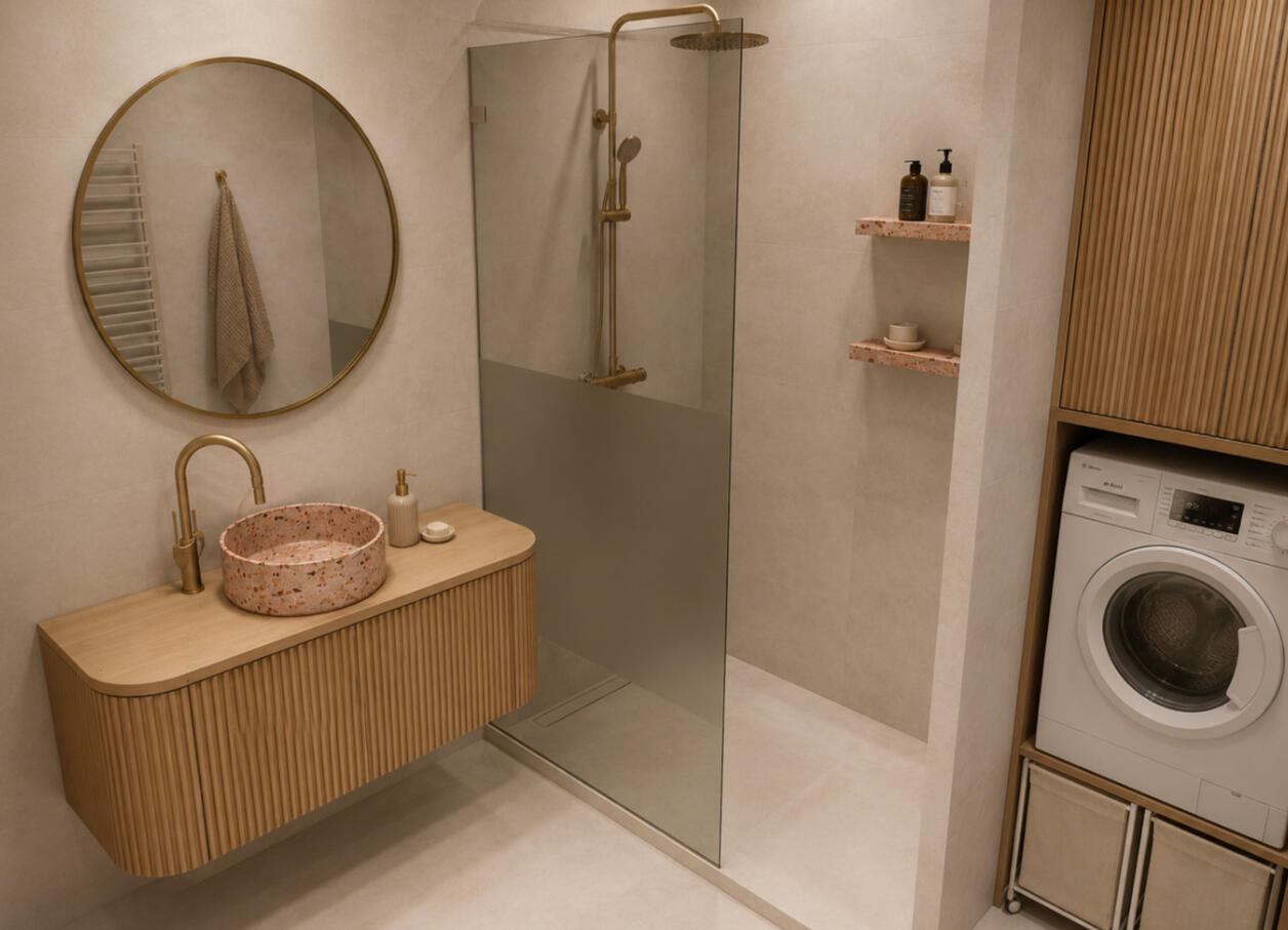 Salle de bain avec vasque rose effet galet, miroir rond doré et douche vitrée, rénovation Atelier Luzons