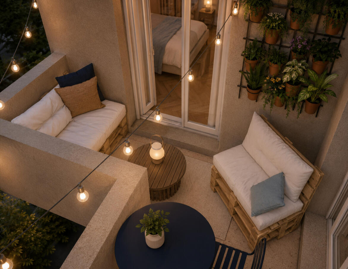 Balcon aménagé avec mur végétal, guirlandes lumineuses et mobilier en rotin, projet extérieur Atelier Luzons