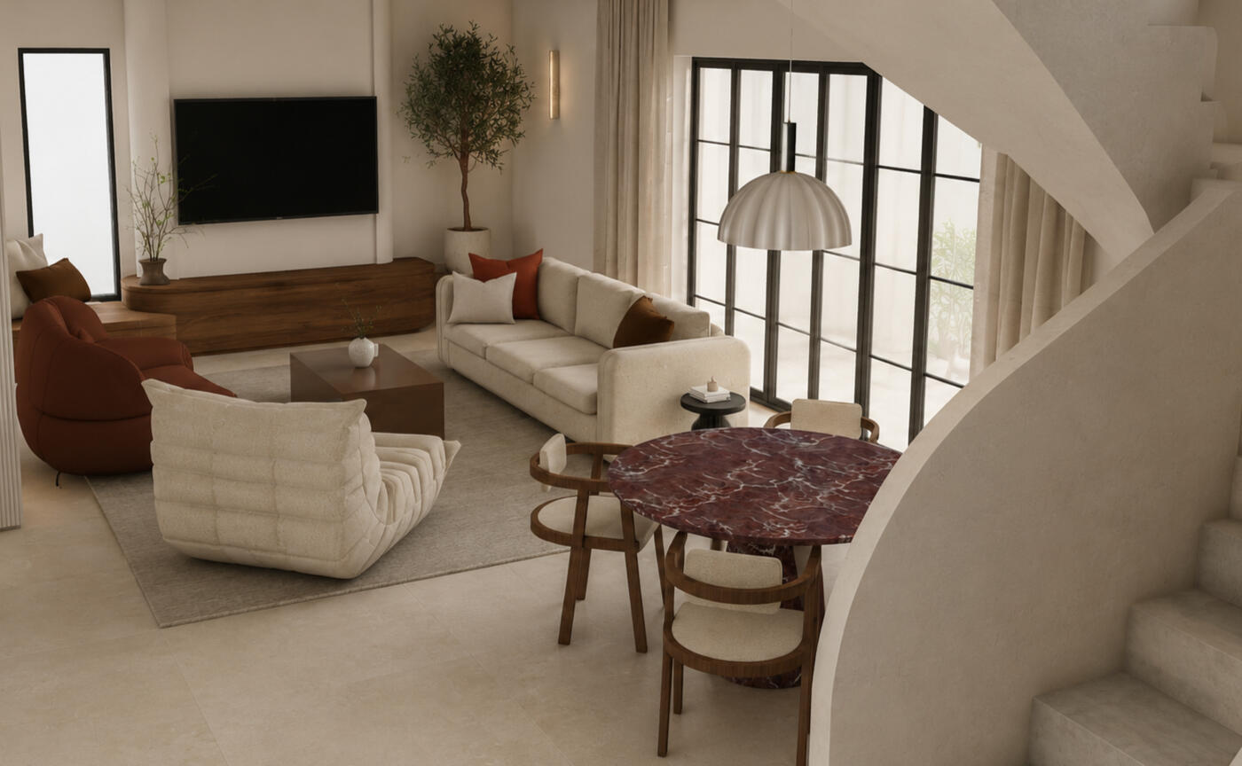Salon salle à manger avec escalier hélicoïdal blanc, verrière noire et table en pierre, projet Atelier Luzons