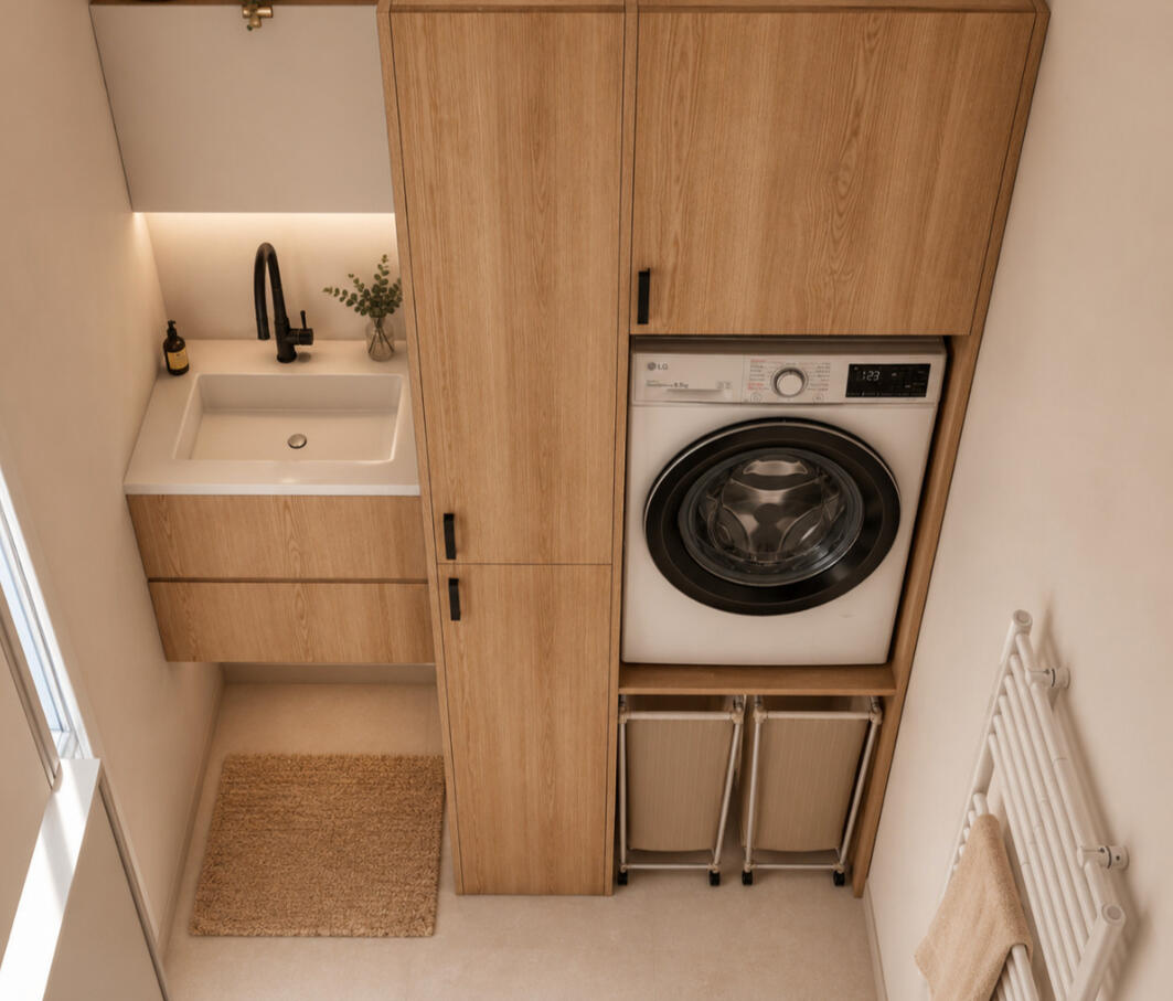 Buanderie avec meuble bois sur mesure intégrant vasque et machine à laver, aménagement Atelier Luzons