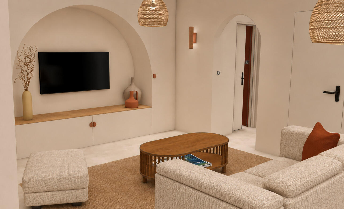 Salon avec niche arquée et meuble TV suspendu, ambiance méditerranéenne, agencement Atelier Luzons