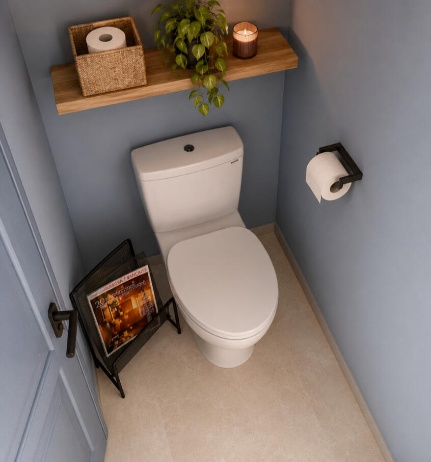Toilettes peintes en bleu ciel avec étagère en bois et plante, aménagement Atelier Luzons 2.