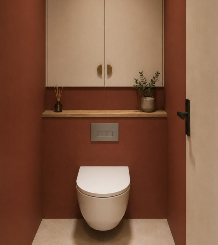 Toilettes avec meuble suspendu terracotta et cuvette suspendue, rénovation Atelier Luzons