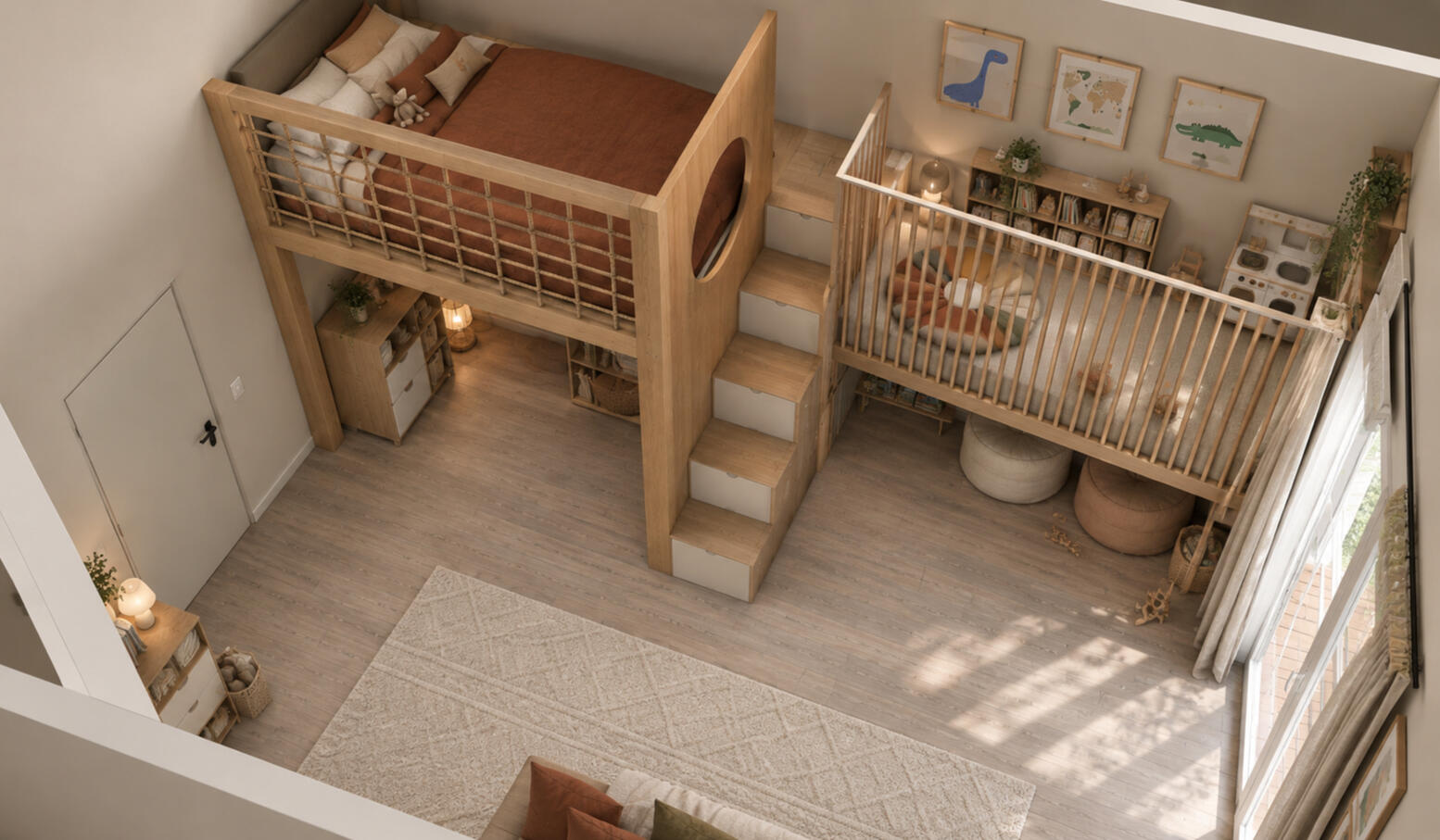 Chambre d'enfant avec lit cabane surélevé en bois et coin lecture, aménagement Atelier Luzons