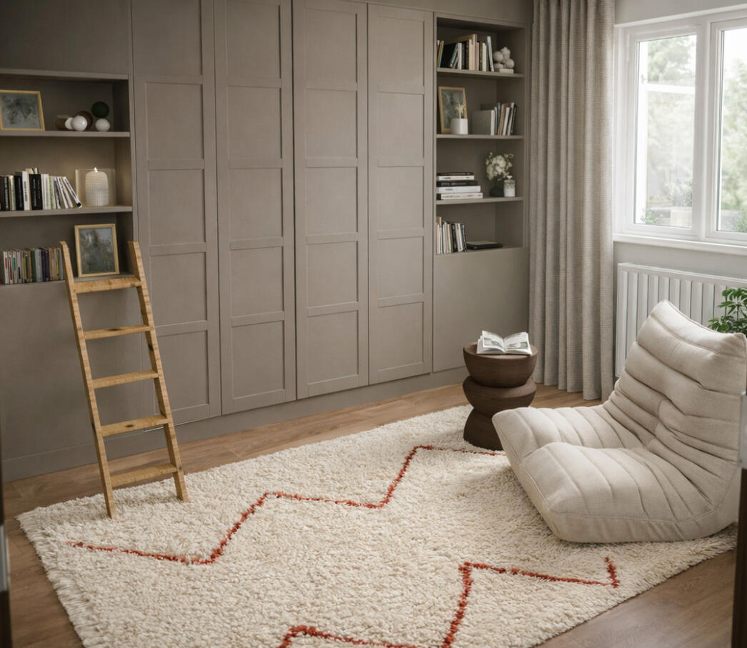 Bibliothèque gris sur mesure avec lit escamotable, échelle en bois et tapis berbère zigzag, aménagement Atelier Luzons
