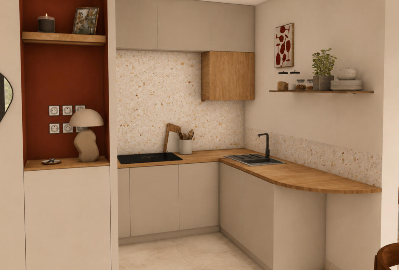 Cuisine ouverte avec façade blanche, crédence terrazzo et niche murale terracotta, agencement Atelier Luzons
